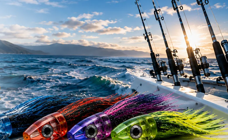 Offshore trolling lures on a fishing boat at sea